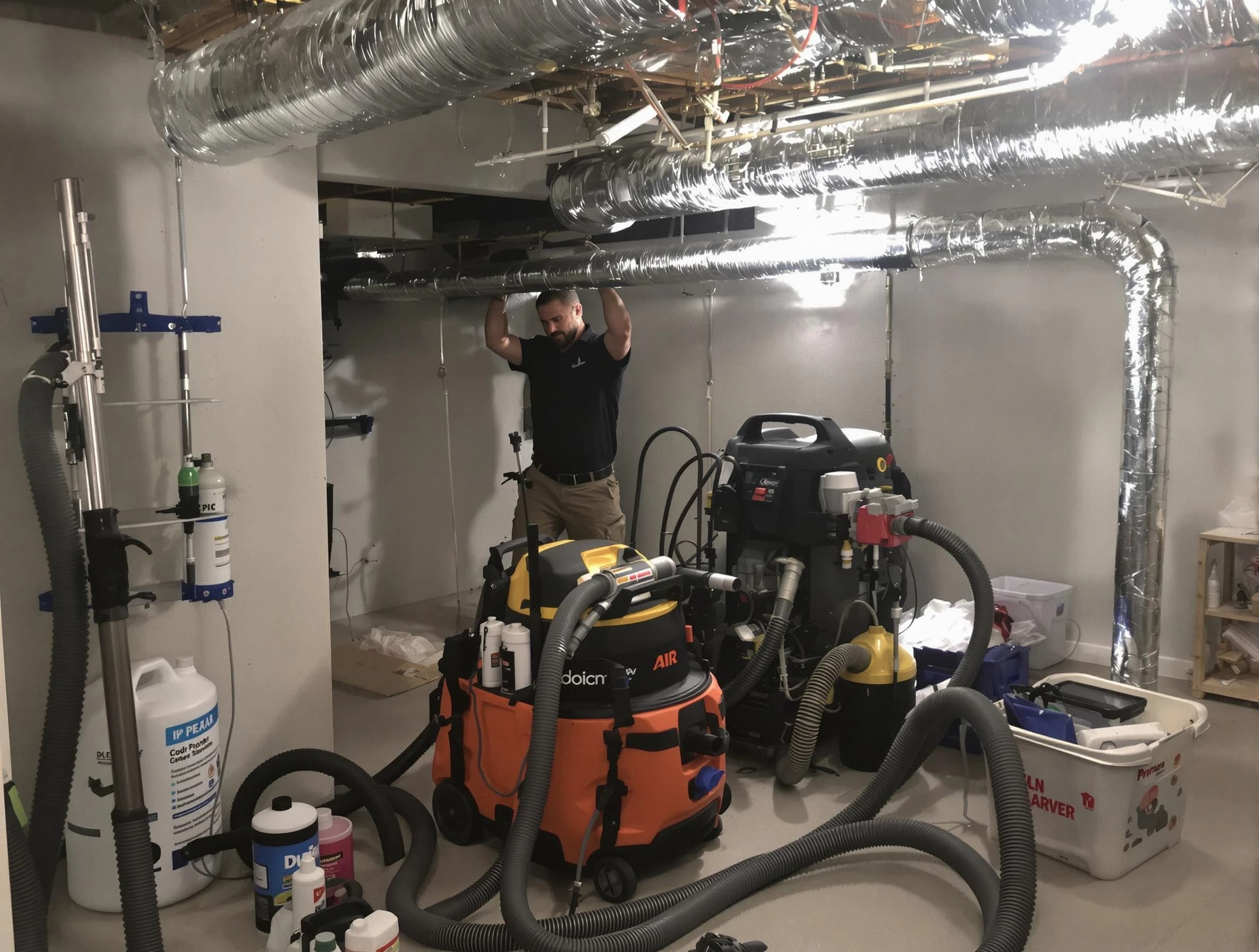 Tuttle Air Duct Cleaning specialist performing professional mold removal from air ducts using safety equipment in Tuttle