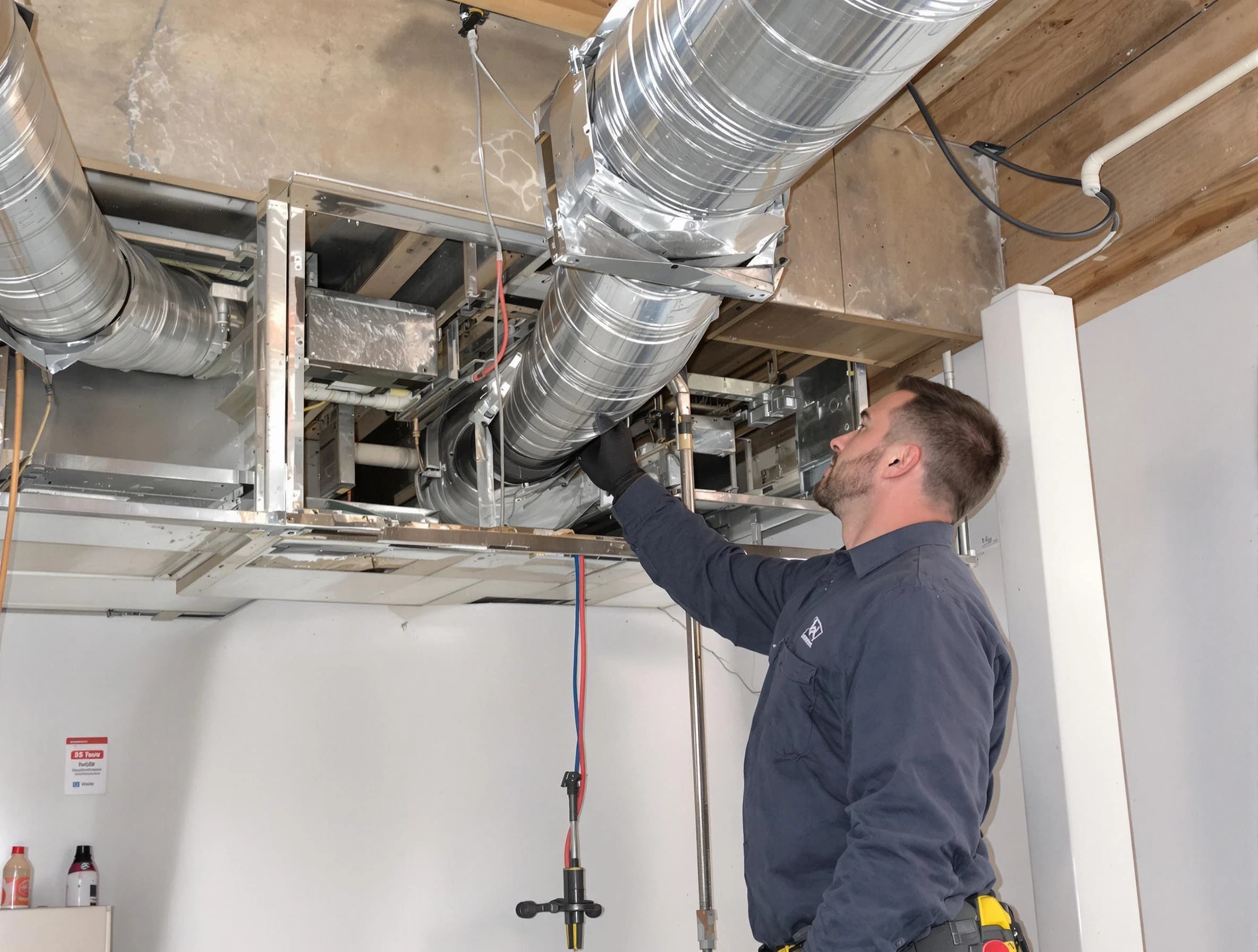Tuttle Air Duct Cleaning technician performing professional air duct repair using specialized tools in Tuttle